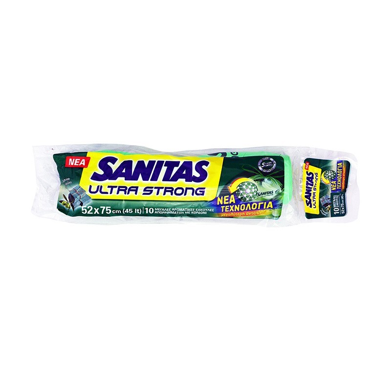 SANITAS Ultra Strong Σακούλες Απορριμμάτων Μεγάλες Αρωματικές (πράσινο σαπούνι) με Κορδόνι 10τεμ.