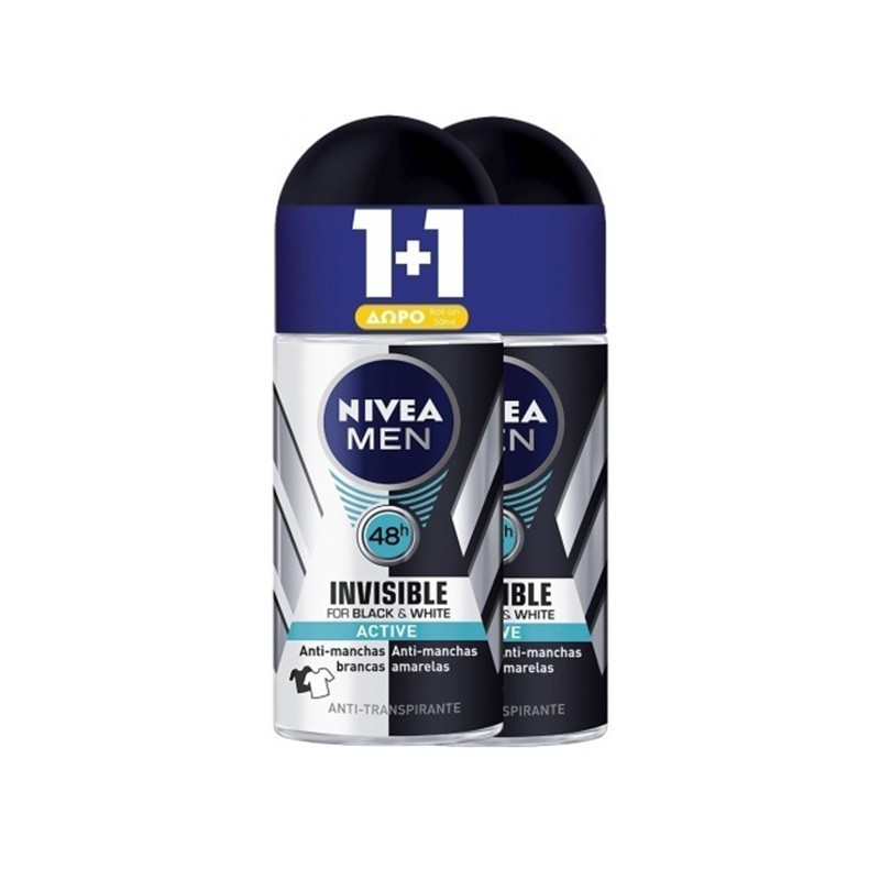 NIVEA Men Deo Roll-on Invisible for Black & White Active 1+1 ΔΩΡΟ