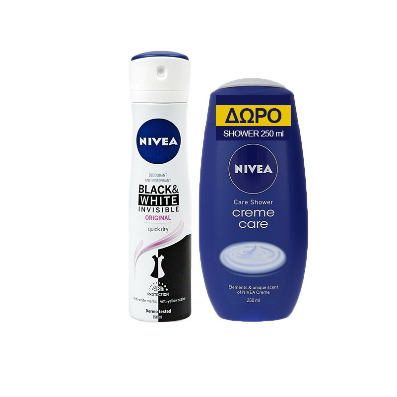 NIVEA Deo Spray Black & White Invisible Original 150ml + Shower Crème Care 250ml ΔΩΡΟ