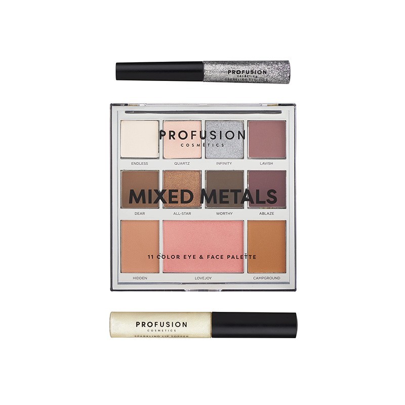 PROFUSION Gift Set Palette Mixed Metals 11color & Eyeliner & Lip Topper Silver Chrome