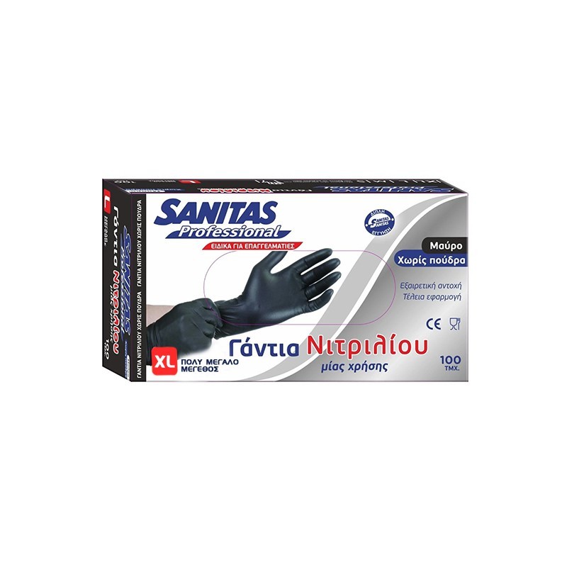 SANITAS Professional Γάντια Νιτριλίου Μαύρα Χωρίς Πούδρα XL 100τμχ