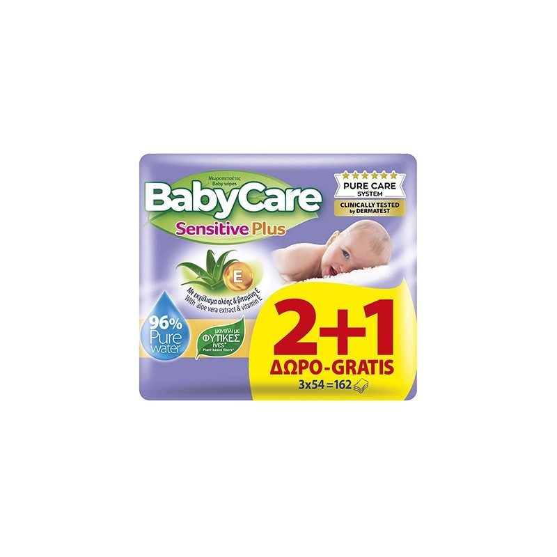 5201263078118BABYCARE Μωρομάντηλα Sensitive Plus 54τμχ 2+1 ΔΩΡΟ_beautyfree.gr