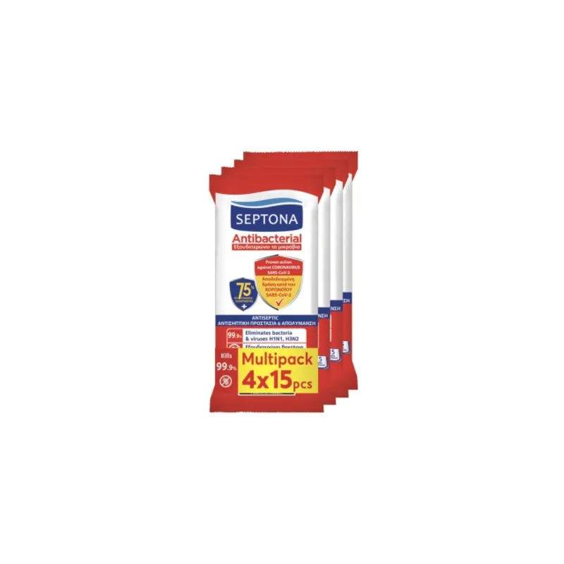 SEPTONA Antibacterial Μαντηλάκια Χεριών 75% Ethanol 4x15τμχ