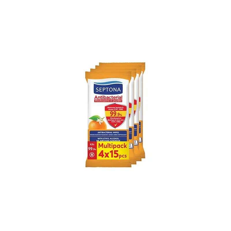 5201410615029SEPTONA Antibacterial Μαντηλάκια Χεριών με Άνθος Πορτοκαλιού 4x15τμχ_beautyfree.gr